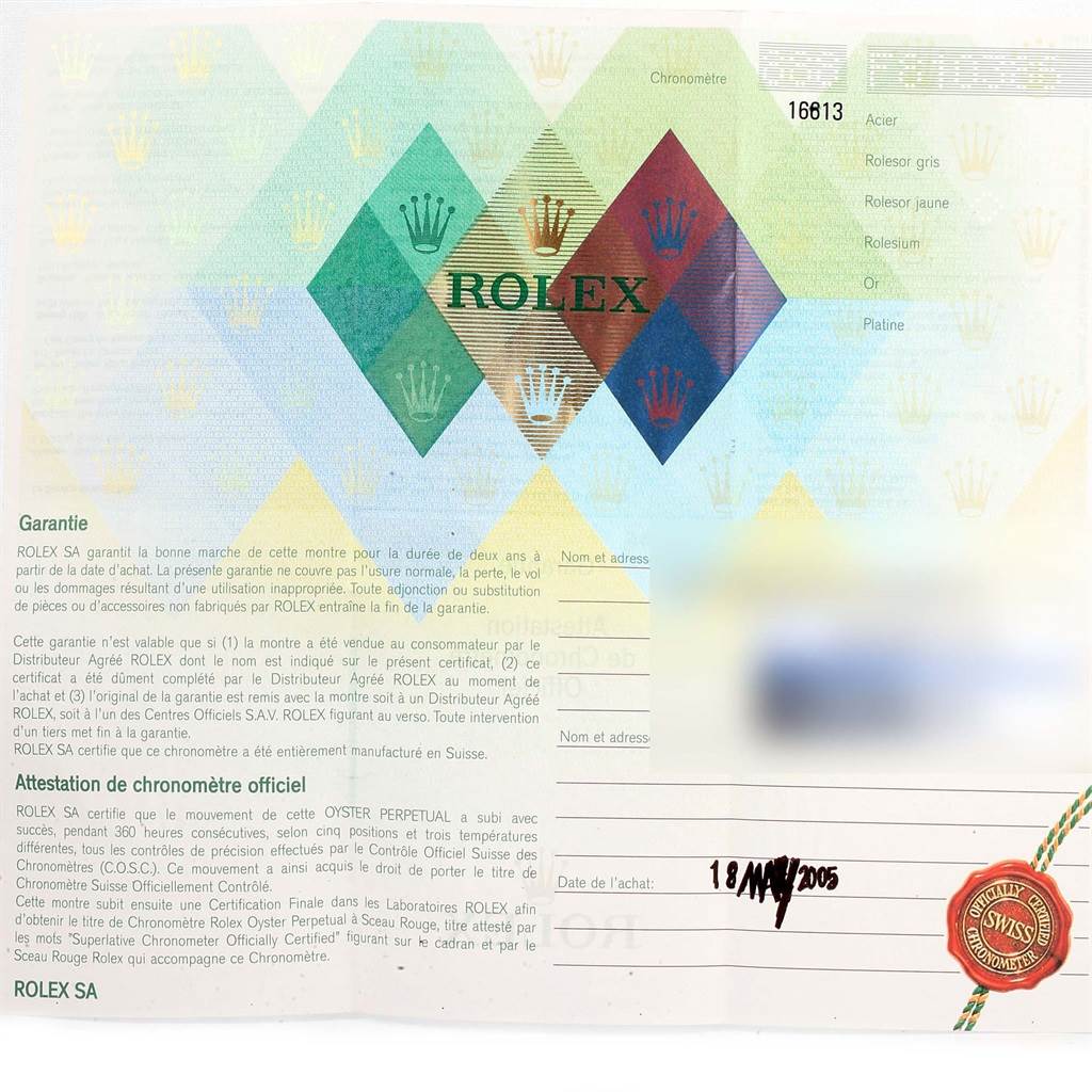 The image shows the official warranty and certification card of a Rolex Submariner 16613 Men's Steel and Gold (two tone) Black Dial 16613 Men's Steel and Gold (two tone) Black Dial model from 2005.