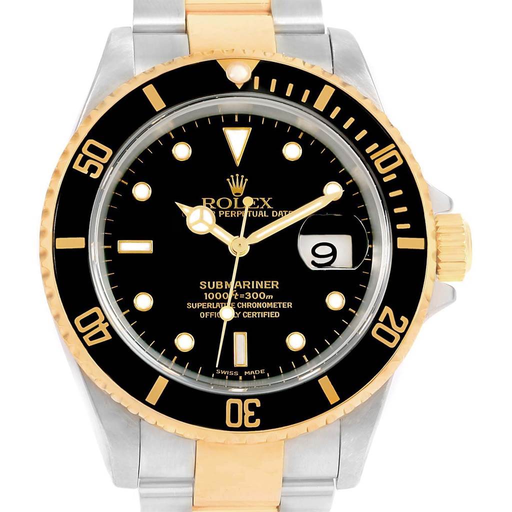 This image shows a top-down view of a Rolex Submariner 16613 Men's Steel and Gold (two tone) Black Dial 16613 Men's Steel and Gold (two tone) Black Dial watch, highlighting the dial, bezel, and part of the bracelet.
