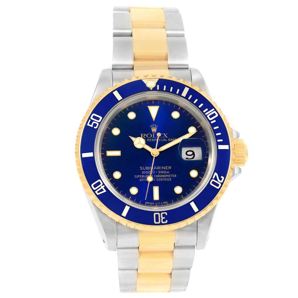 This is a frontal view of a Rolex Submariner 16613 Men's Steel and Gold (two tone) Blue Dial 16613 Men's Steel and Gold (two tone) Blue Dial showing its face, bezel, and two-tone bracelet.