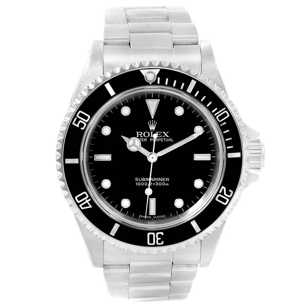 This image shows a front view of a Rolex Submariner 14060 Men's Stainless Steel Black Dial 14060 Men's Stainless Steel Black Dial watch, including the bezel, dial, and bracelet.