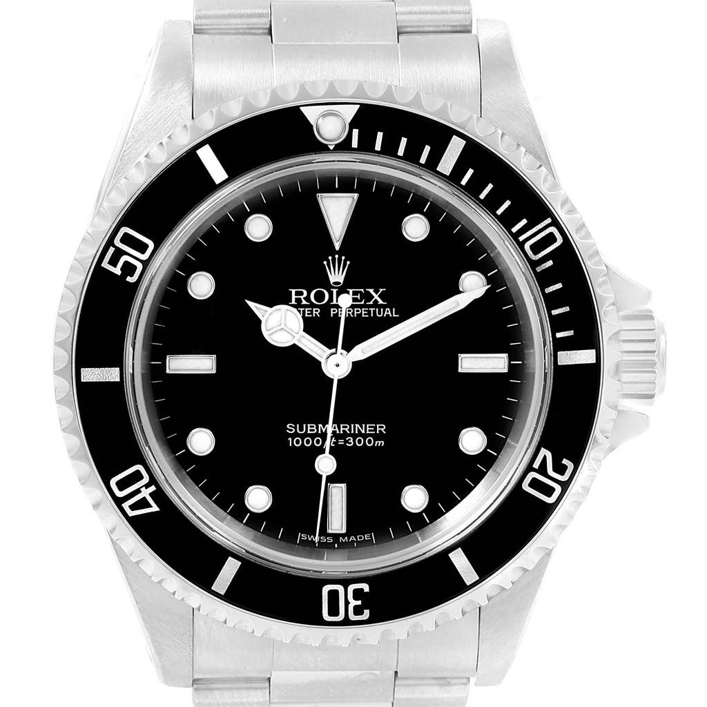 The image shows the front view of a Rolex Submariner 14060 Men's Stainless Steel Black Dial 14060 Men's Stainless Steel Black Dial watch, focusing on its dial, bezel, and part of the bracelet.