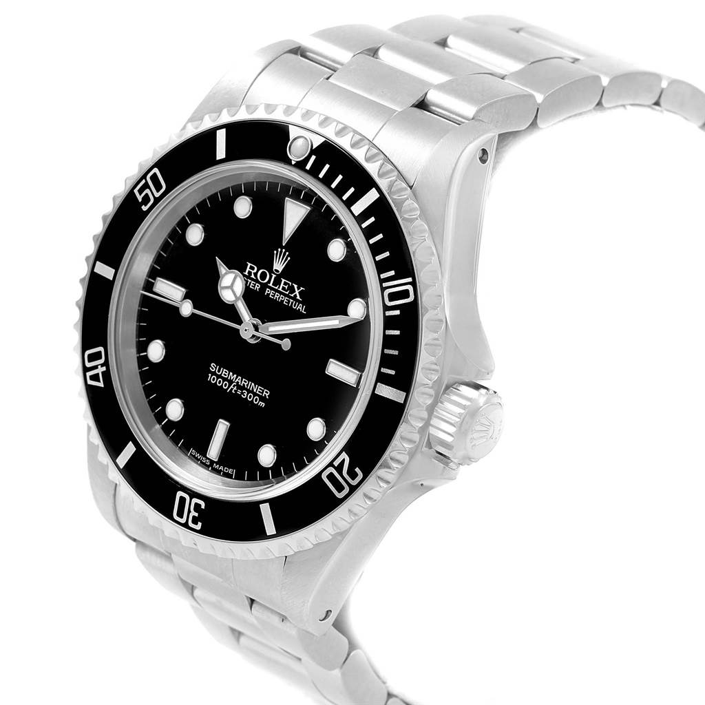 The image shows a side angle of a Rolex Submariner 14060 Men's Stainless Steel Black Dial 14060 Men's Stainless Steel Black Dial watch, featuring its bezel, dial, crown, and part of the bracelet.