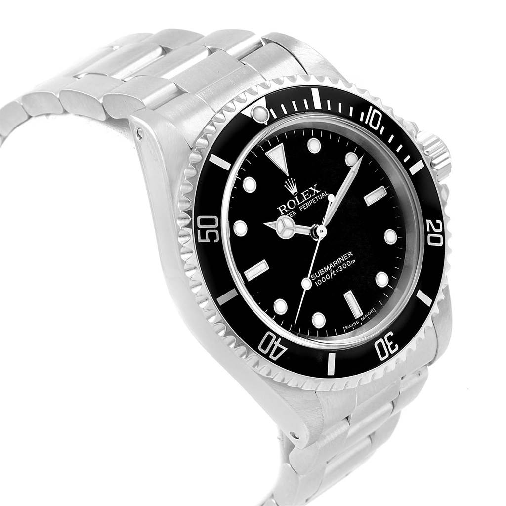 The image shows a Rolex Submariner 14060 Men's Stainless Steel Black Dial 14060 Men's Stainless Steel Black Dial watch at a slight angle, highlighting its black dial, bezel, and stainless steel bracelet.