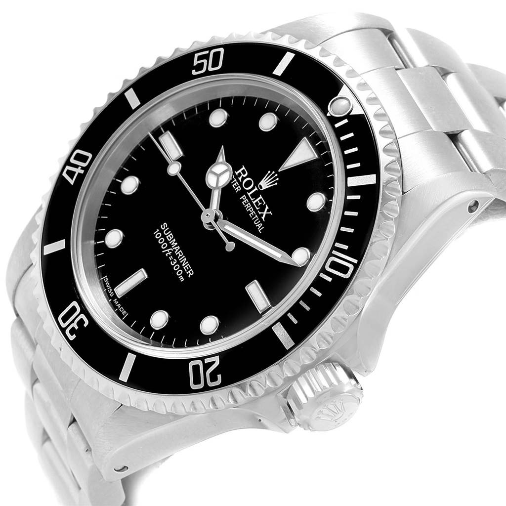The image shows a side angle view of the Rolex Submariner 14060 Men's Stainless Steel Black Dial 14060 Men's Stainless Steel Black Dial, highlighting the bezel, dial, and bracelet.