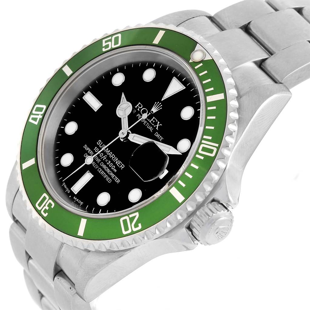 The image shows a close-up, angled view of a Rolex Submariner 16610LV Men's Stainless Steel Black Dial 16610LV Men's Stainless Steel Black Dial watch, highlighting its face, bezel, crown, and part of the bracelet.