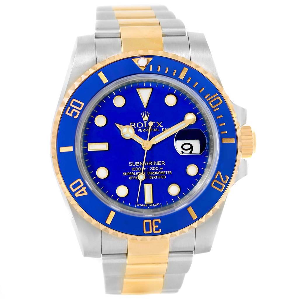 This image shows a Rolex Submariner 116613 Men's Steel and Gold (two tone) Blue Dial 116613 Men's Steel and Gold (two tone) Blue Dial watch from a front angle, highlighting its blue dial, gold accents, and stainless steel bracelet.