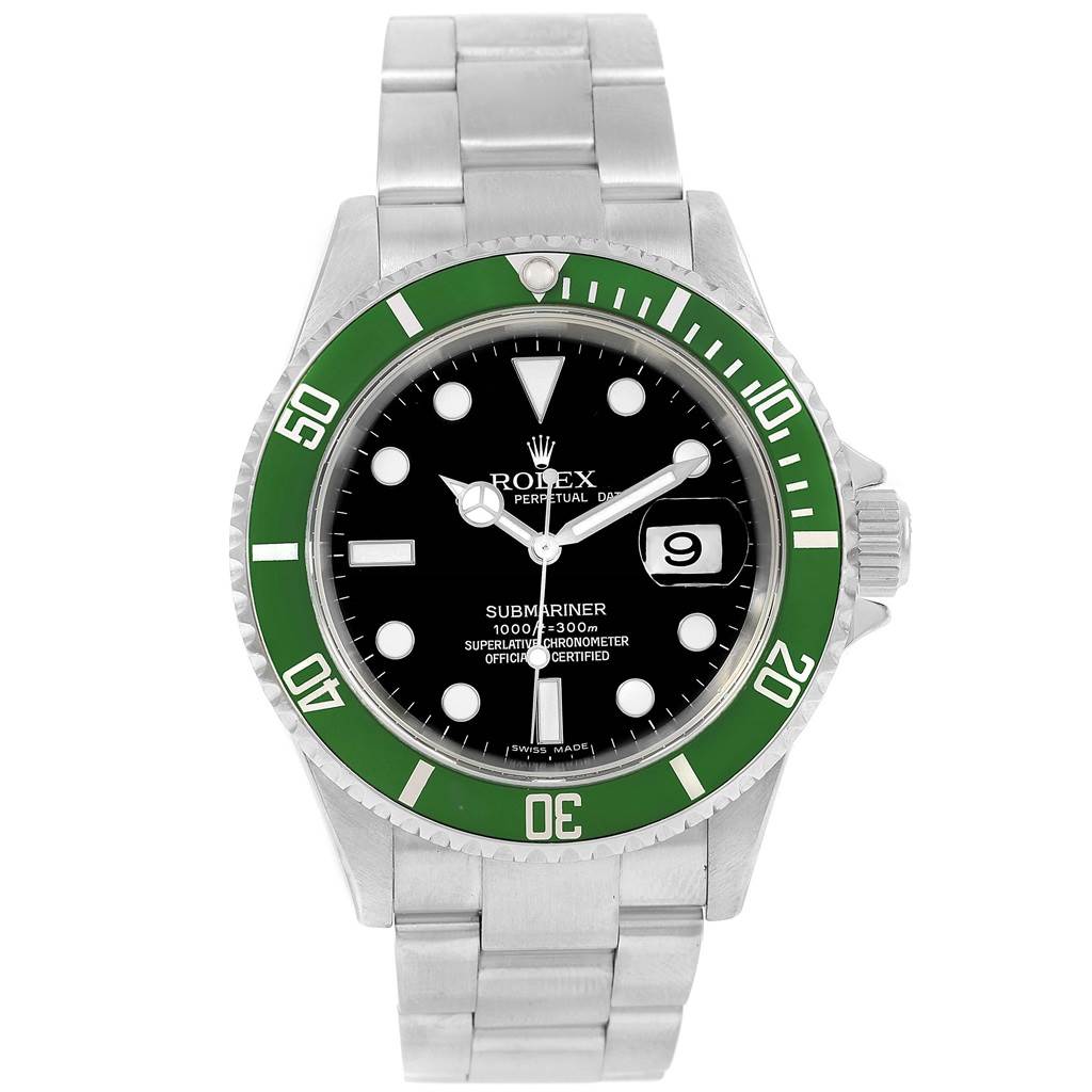 This image shows a front view of a Rolex Submariner 16610LV Men's Stainless Steel Black Dial 16610LV Men's Stainless Steel Black Dial, displaying its bezel, dial, and bracelet.