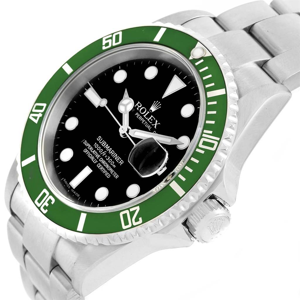 The image shows a close-up, angled view of a Rolex Submariner 16610LV Men's Stainless Steel Black Dial 16610LV Men's Stainless Steel Black Dial watch, highlighting the green bezel, dial, and bracelet.