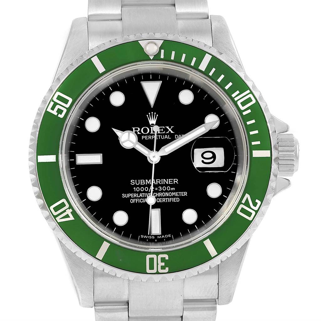 The image shows a front-facing view of a Rolex Submariner 16610LV Men's Stainless Steel Black Dial 16610LV Men's Stainless Steel Black Dial watch, highlighting the green bezel, black dial, and bracelet.