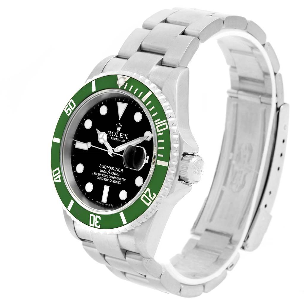 The Rolex Submariner 16610LV Men's Stainless Steel Black Dial 16610LV Men's Stainless Steel Black Dial watch is shown at an angle highlighting the face, bezel, crown, and part of the bracelet.