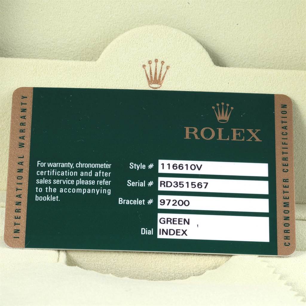 The image shows a Rolex warranty card for a Submariner model with specific details like style, serial, bracelet, and dial information.