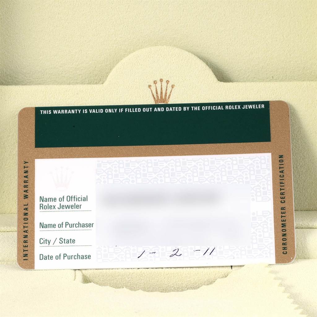This image shows the warranty card for a Rolex Submariner 116610LV Men's Stainless Steel Green Dial 116610LV Men's Stainless Steel Green Dial watch.