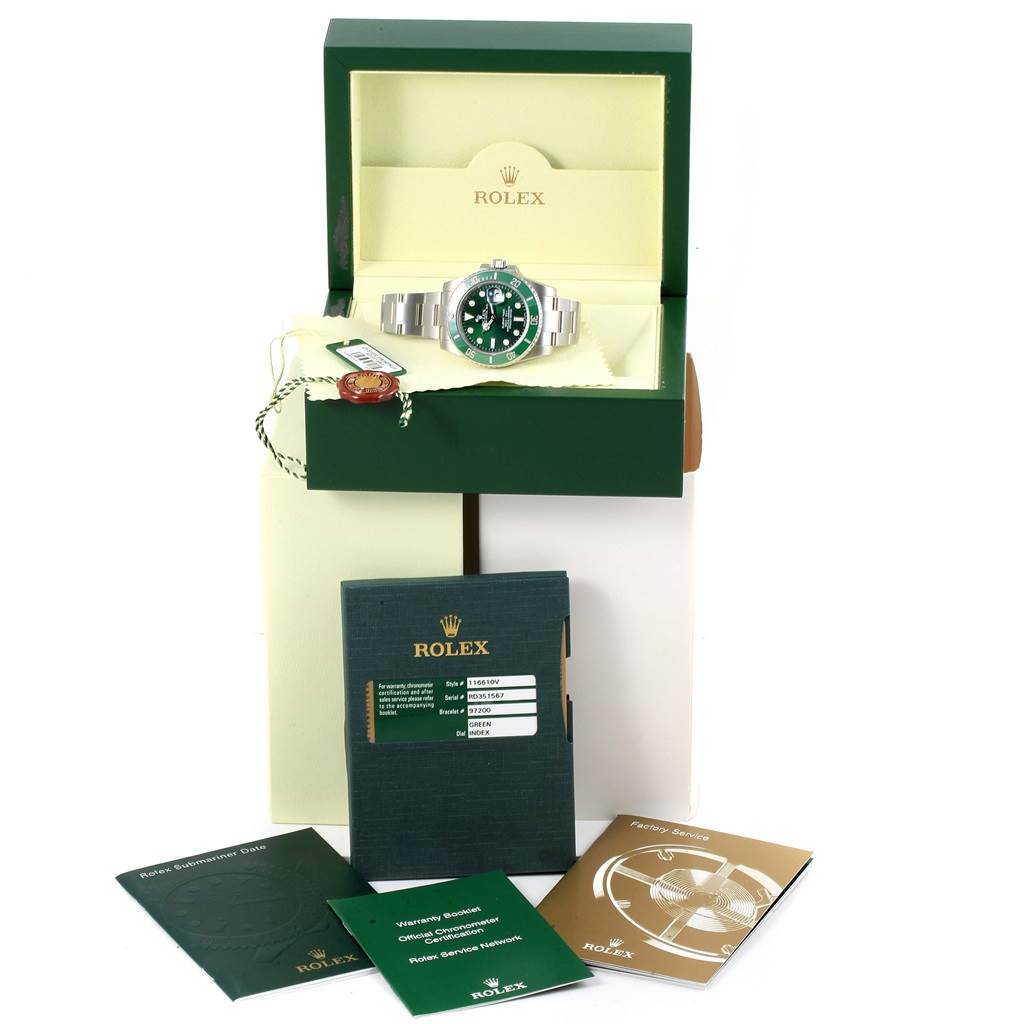 The image shows a Rolex Submariner 116610LV Men's Stainless Steel Green Dial 116610LV Men's Stainless Steel Green Dial watch, including its box, warranty card, manuals, and tag, displayed from a front angle.
