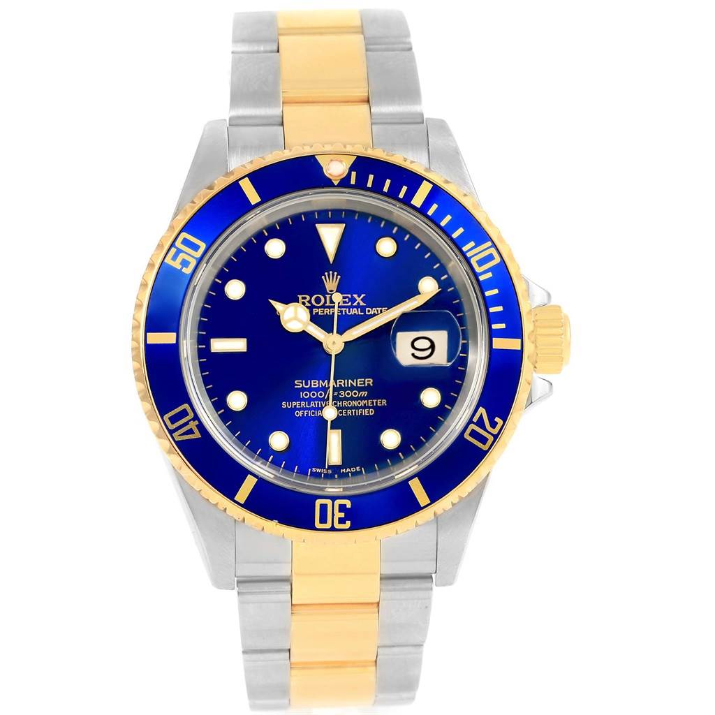 This image shows a front view of the Rolex Submariner 16613 Men's Steel and Gold (two tone) Blue Dial 16613 Men's Steel and Gold (two tone) Blue Dial watch, highlighting the blue dial, date display, and two-tone bracelet.