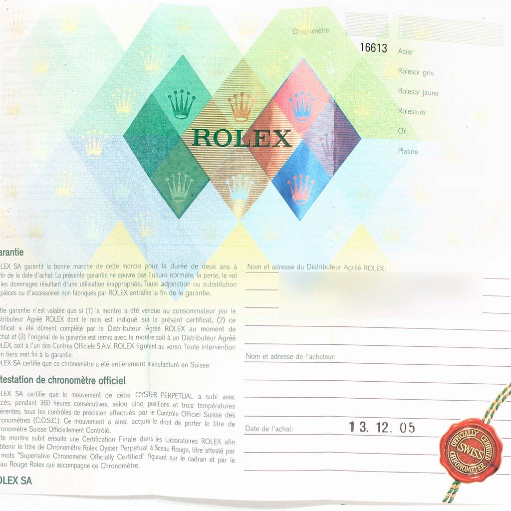 The image shows the warranty certificate for a Rolex Submariner 16613 Men's Steel and Gold (two tone) Blue Dial 16613 Men's Steel and Gold (two tone) Blue Dial model watch, displaying logos, text, and a purchase date stamp.