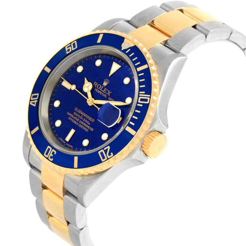 The Rolex Submariner 16613 Men's Steel and Gold (two tone) Blue Dial 16613 Men's Steel and Gold (two tone) Blue Dial watch is shown at a 3/4 angle, displaying the face, bezel, crown, and part of the two-tone bracelet.