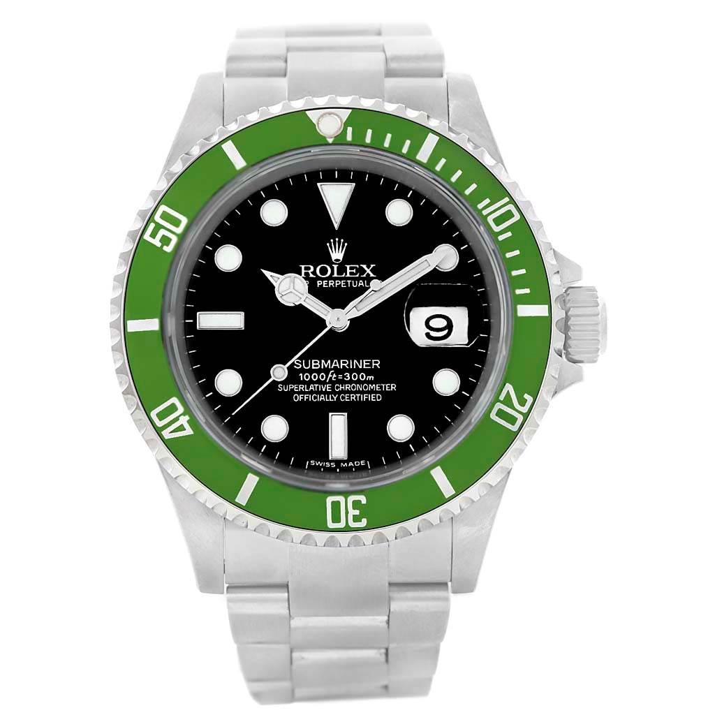 The image shows a front view of a Rolex Submariner 16610LV Men's Stainless Steel Black Dial 16610LV Men's Stainless Steel Black Dial watch with a green bezel and black dial.