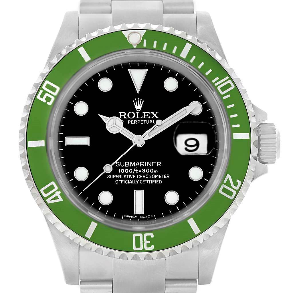 The image shows a front view of the Rolex Submariner 16610LV Men's Stainless Steel Black Dial 16610LV Men's Stainless Steel Black Dial watch, highlighting its green bezel, black dial, and date window at 3 o'clock.