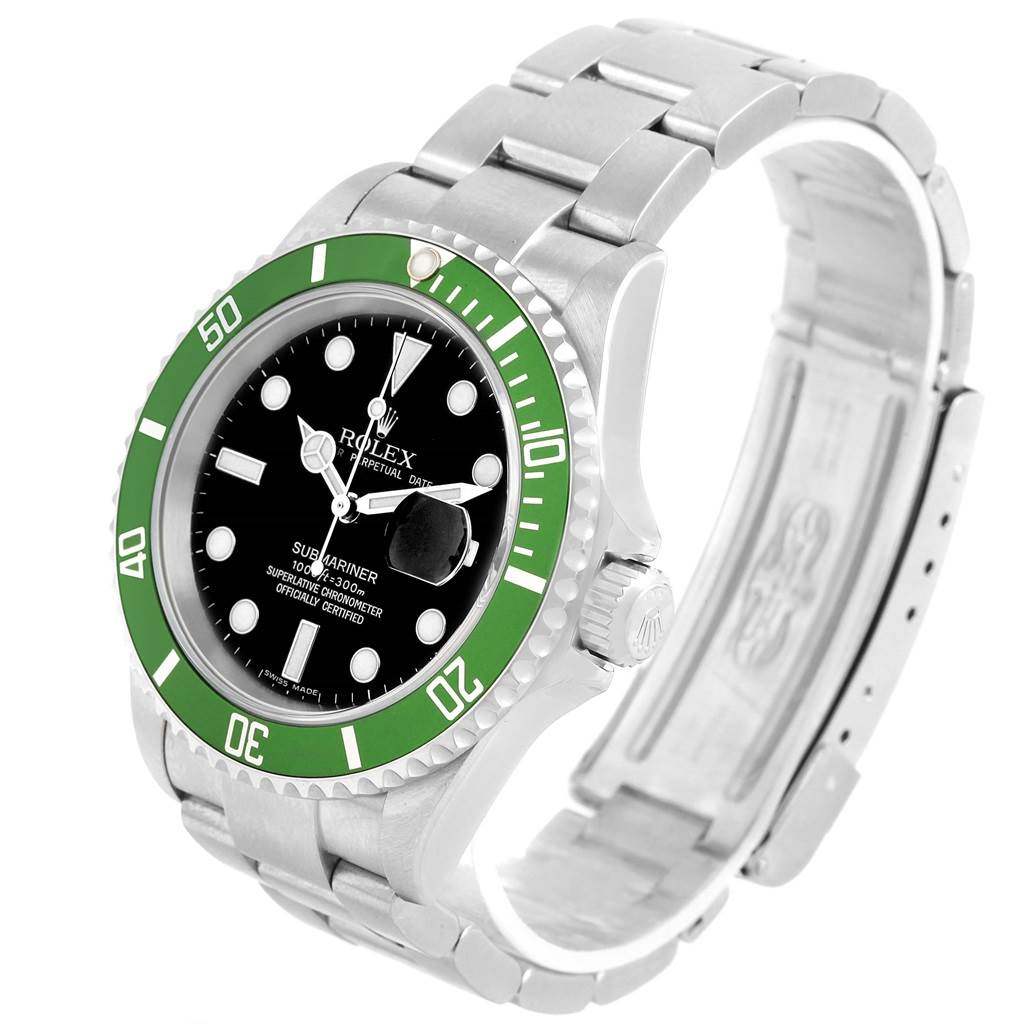 The Rolex Submariner 16610LV Men's Stainless Steel Black Dial 16610LV Men's Stainless Steel Black Dial watch is shown at a side angle, displaying its green bezel, black dial, and stainless steel bracelet.