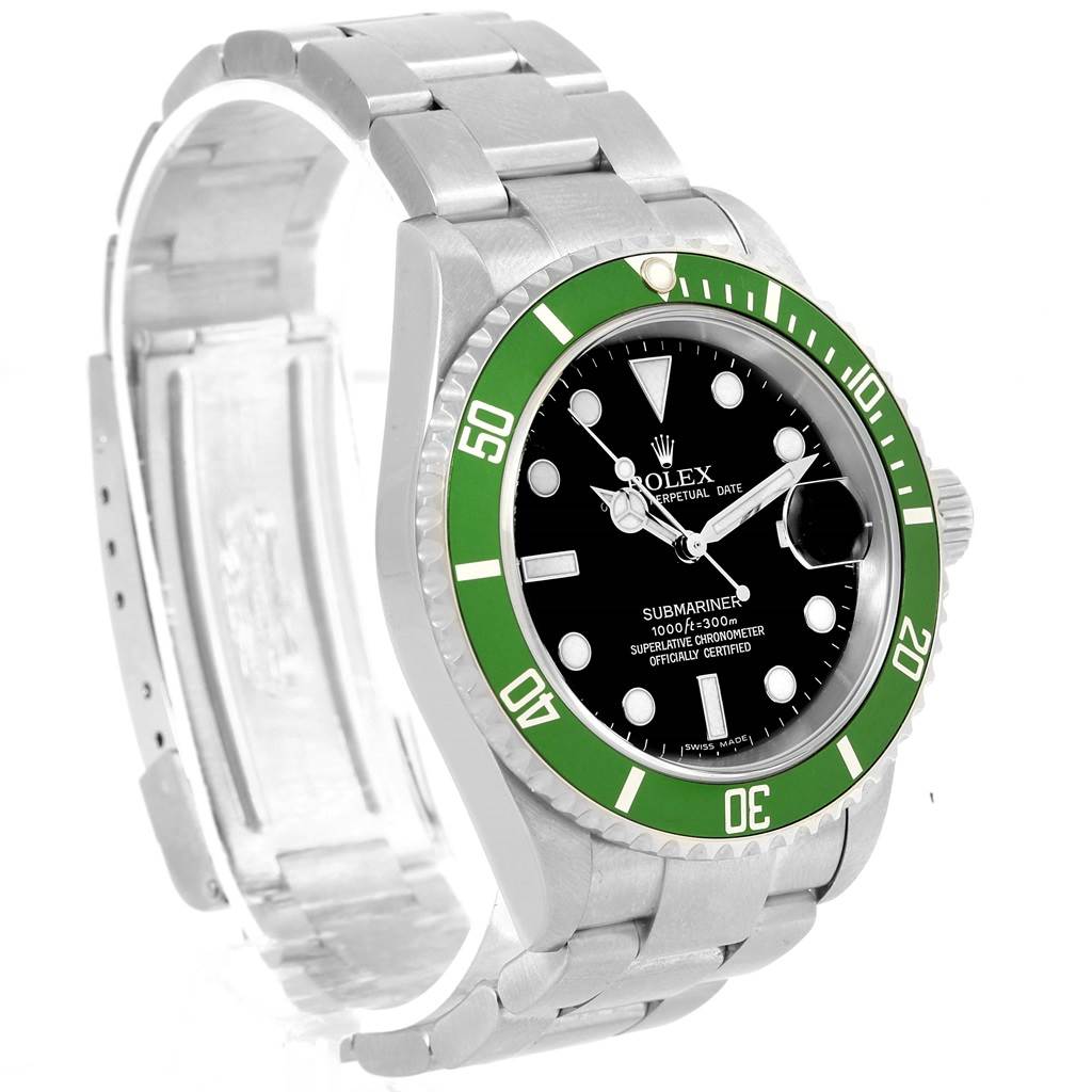 The image shows a Rolex Submariner 16610LV Men's Stainless Steel Black Dial 16610LV Men's Stainless Steel Black Dial watch at a slight side angle, displaying its face, bezel, and part of the metal bracelet.