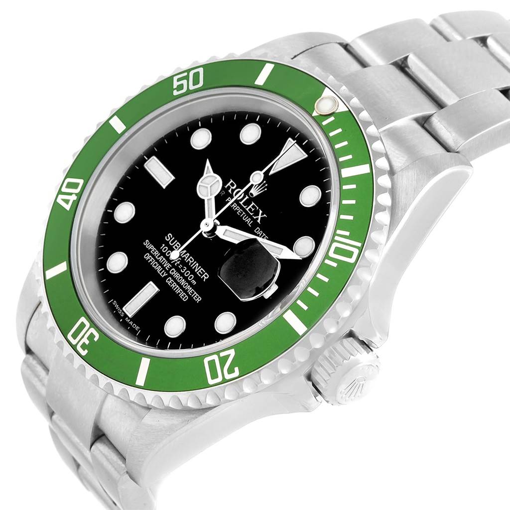 The image shows a Rolex Submariner 16610LV Men's Stainless Steel Black Dial 16610LV Men's Stainless Steel Black Dial watch from a slightly angled top view, highlighting its green bezel, black dial, and stainless steel bracelet.