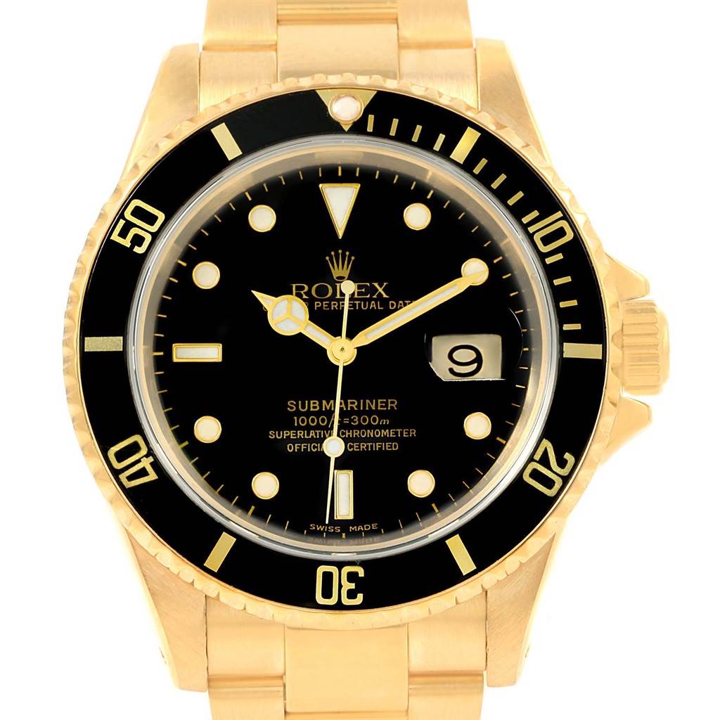 This Rolex Submariner 16618 Men
s Yellow Gold Black Dial 16618 Men
s Yellow Gold Black Dial watch is shown from a front angle, highlighting its dial, bezel, and part of the bracelet.