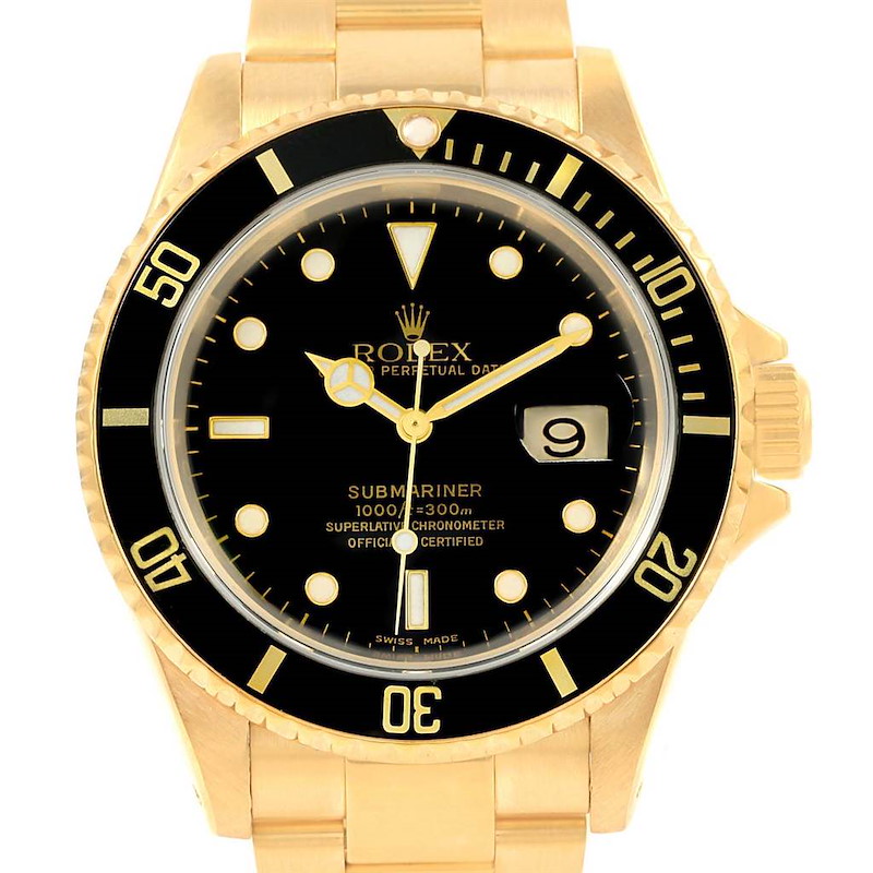 Rolex Submariner Yellow Gold Black Dial Mens Watch 16618 Box Papers SwissWatchExpo