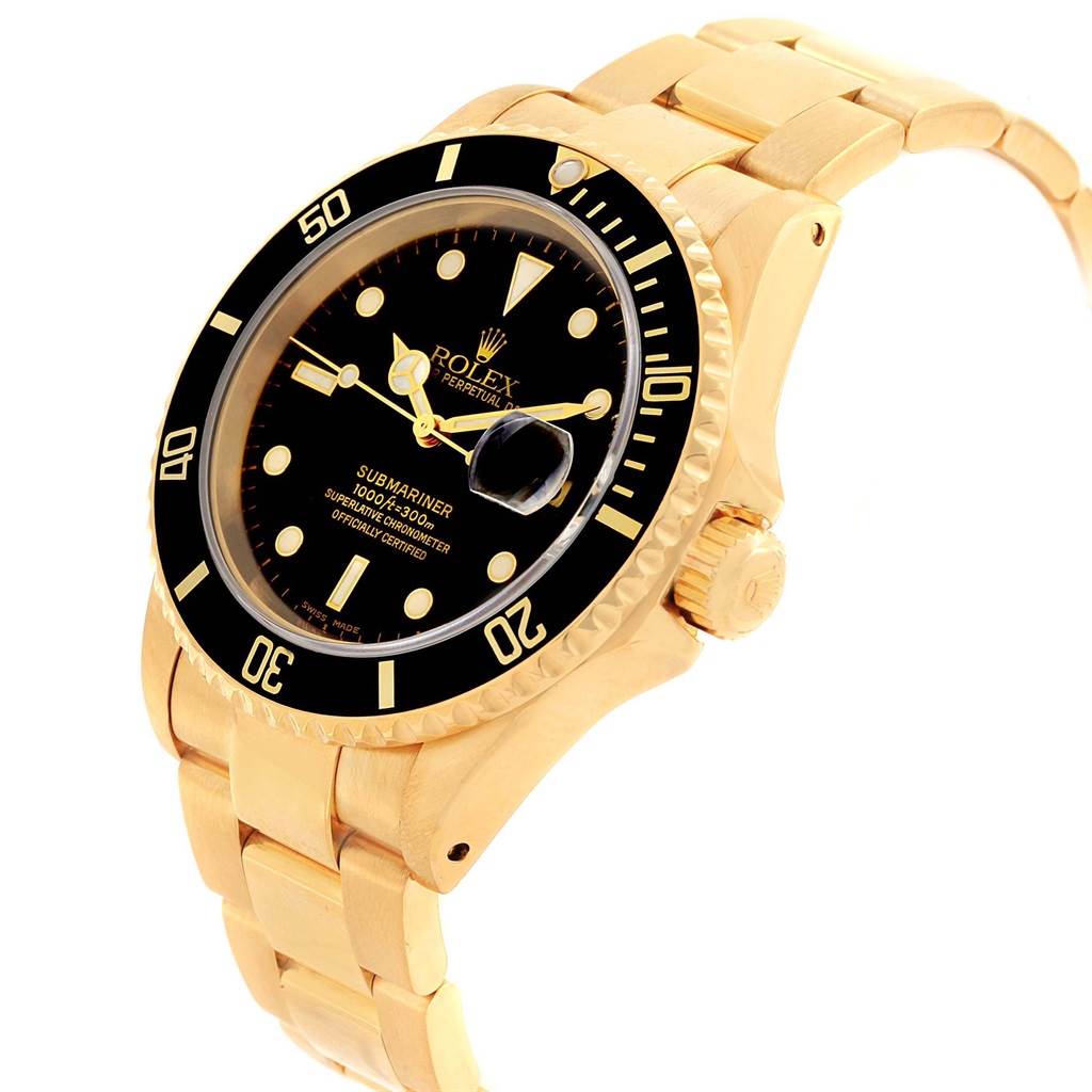 The Rolex Submariner 16618 Men
s Yellow Gold Black Dial 16618 Men
s Yellow Gold Black Dial watch is shown from an angled perspective, displaying the face, bezel, crown, and bracelet.