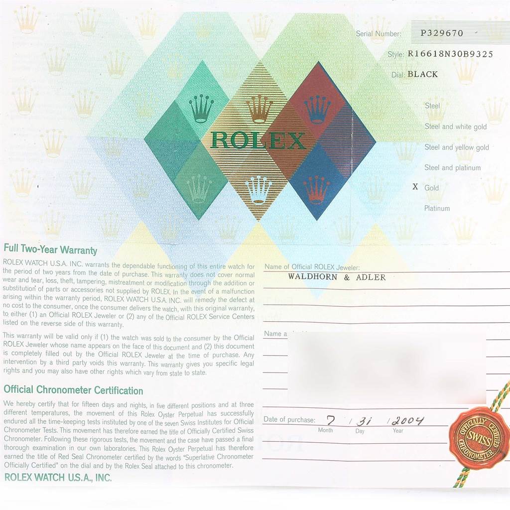 The image shows a warranty card for a Rolex Submariner 16618 Men
s Yellow Gold Black Dial 16618 Men
s Yellow Gold Black Dial watch, including serial number, style, and purchase information.