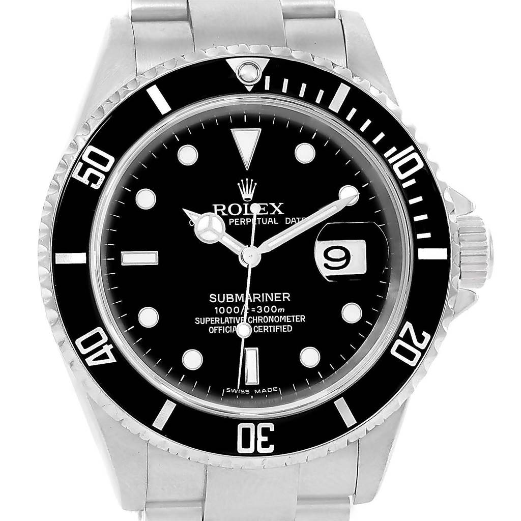 The image shows a front angle of the Rolex Submariner 16610 Men's Stainless Steel Black Dial 16610 Men's Stainless Steel Black Dial watch, highlighting its black dial, bezel, and silver bracelet.