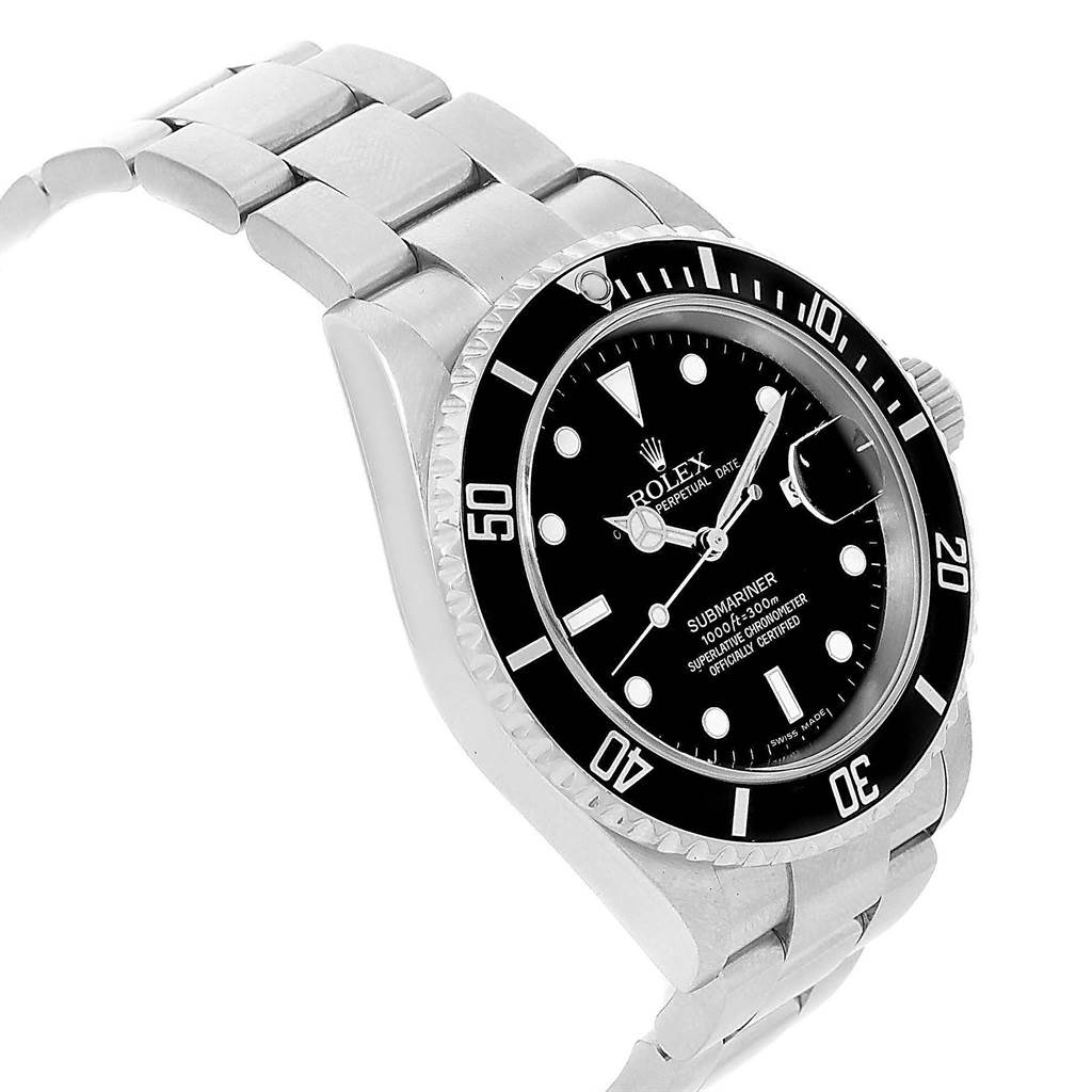 The image shows a Rolex Submariner 16610 Men's Stainless Steel Black Dial 16610 Men's Stainless Steel Black Dial watch at an angled view, highlighting its bracelet, bezel, and face.