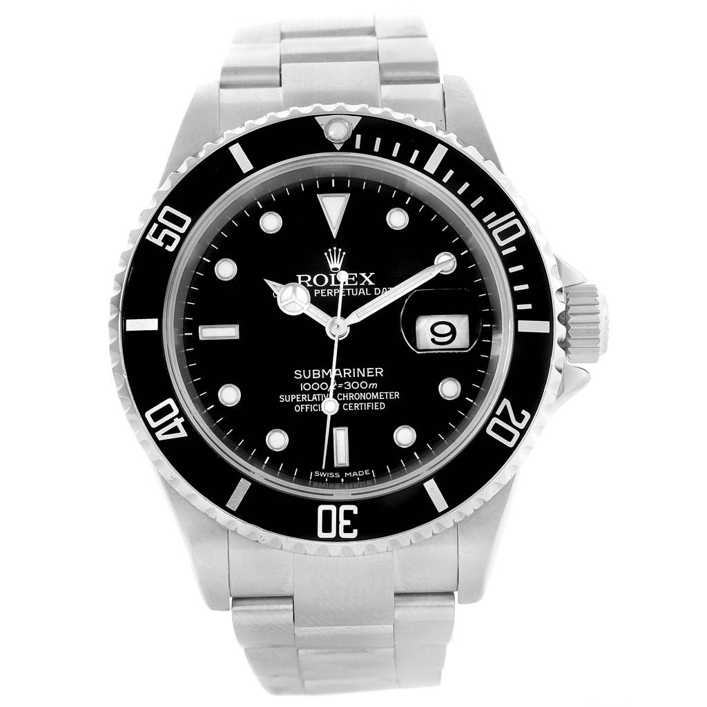 The image shows a front view of a Rolex Submariner 16610 Men's Stainless Steel Black Dial 16610 Men's Stainless Steel Black Dial watch, displaying the dial, bezel, case, and bracelet.