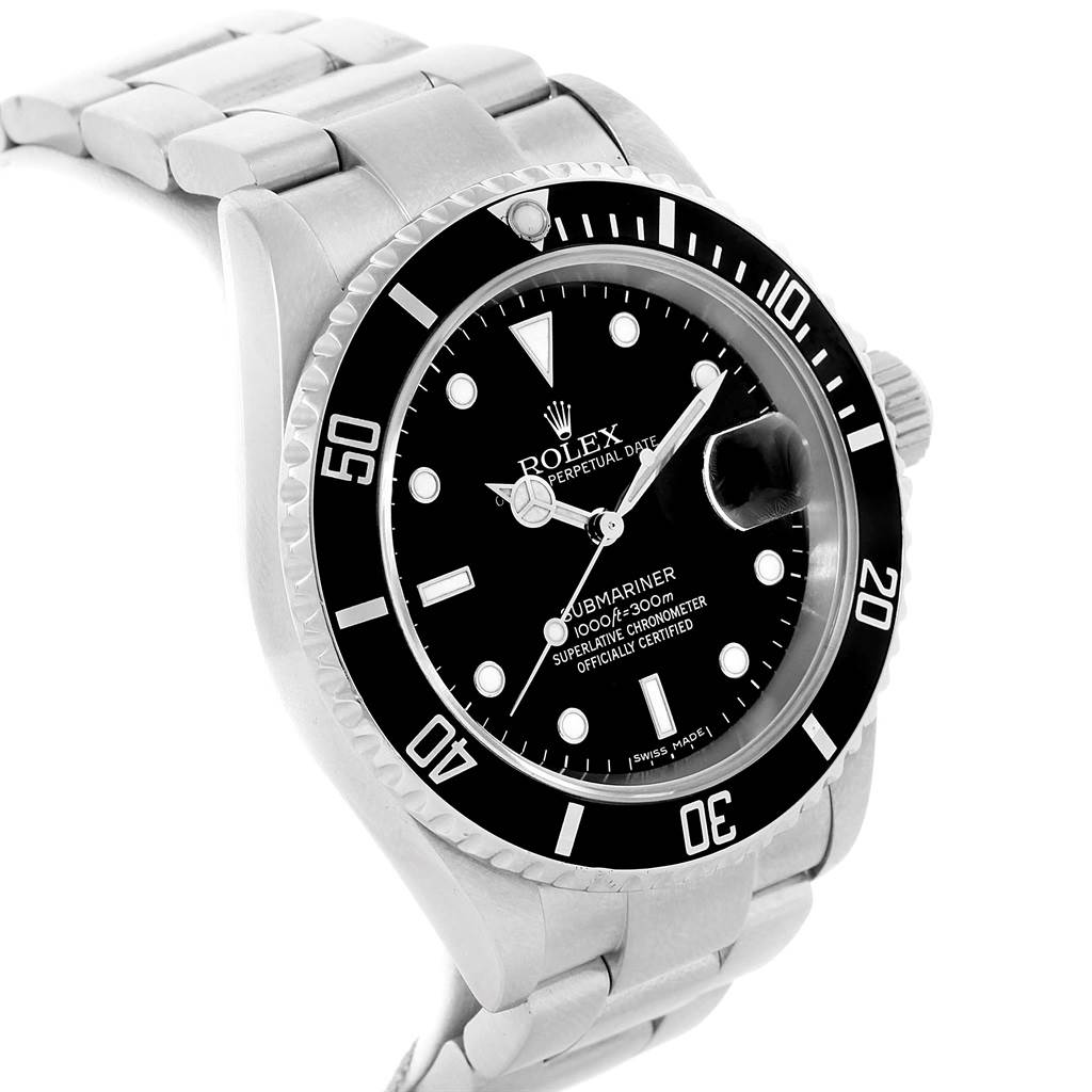 This Rolex Submariner 16610 Men's Stainless Steel Black Dial 16610 Men's Stainless Steel Black Dial watch is shown at an angle, displaying its face, bezel, and a portion of the bracelet.