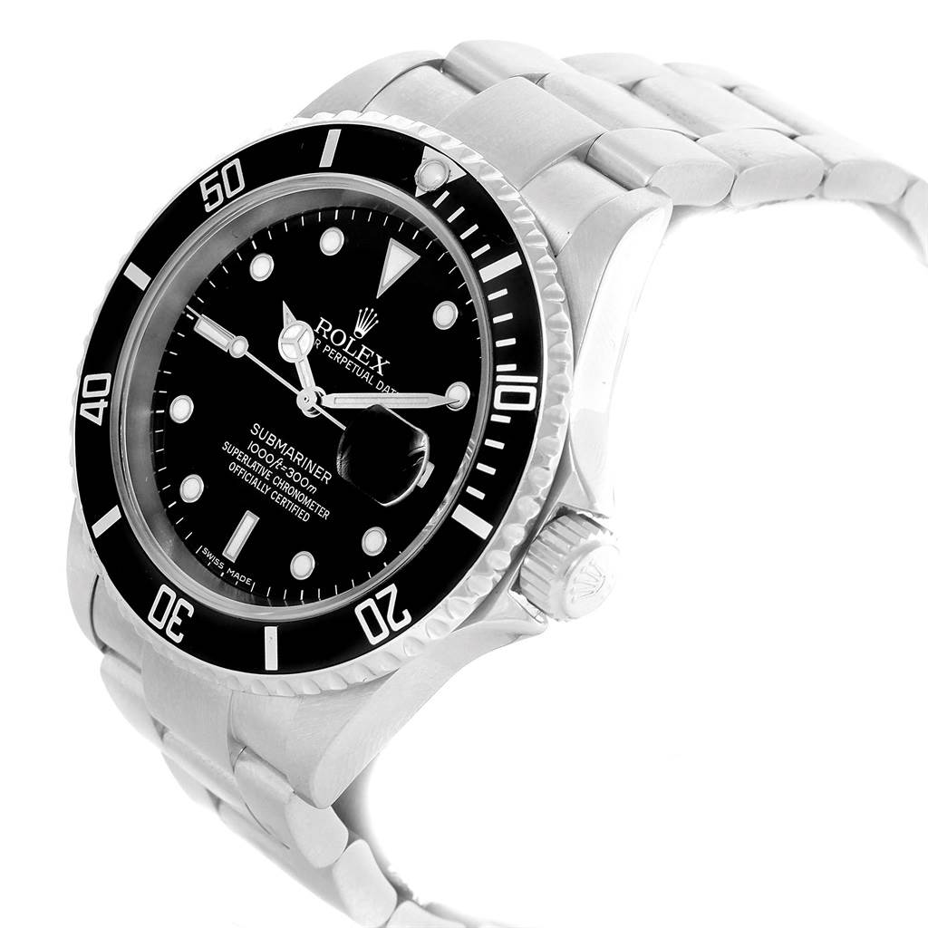 This image shows a Rolex Submariner 16610 Men's Stainless Steel Black Dial 16610 Men's Stainless Steel Black Dial watch at an angled view, highlighting its dial, rotating bezel, and bracelet.