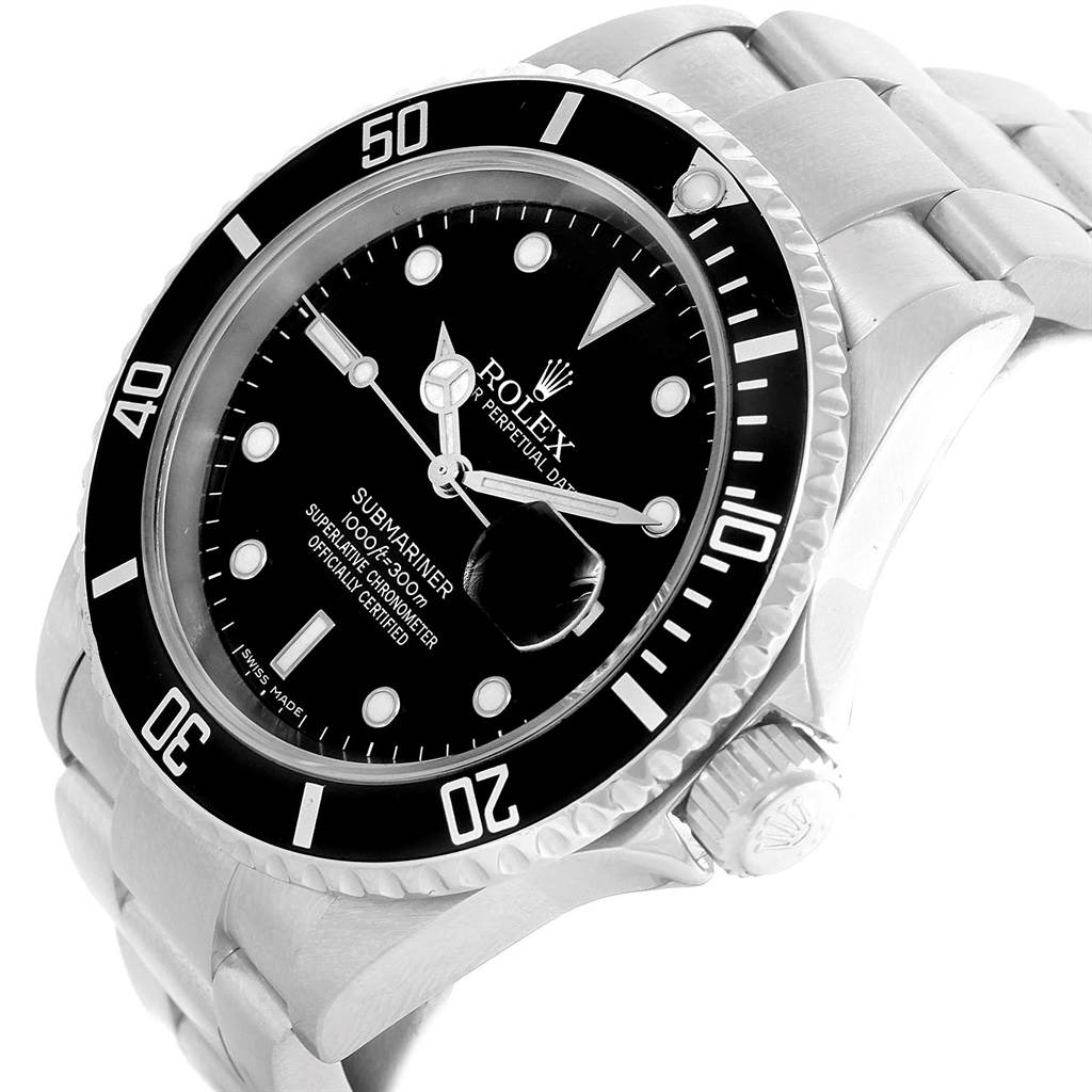 The Rolex Submariner 16610 Men's Stainless Steel Black Dial 16610 Men's Stainless Steel Black Dial watch is shown at a slight side angle, highlighting the bezel, face, crown, and part of the bracelet.
