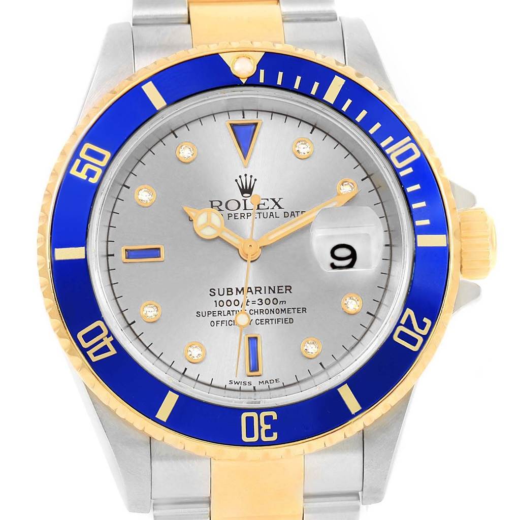 This image shows a front view of a Rolex Submariner 16613 Men's Steel and Gold (two tone) Grey Dial 16613 Men's Steel and Gold (two tone) Grey Dial watch, highlighting its dial, bezel, and part of the bracelet.