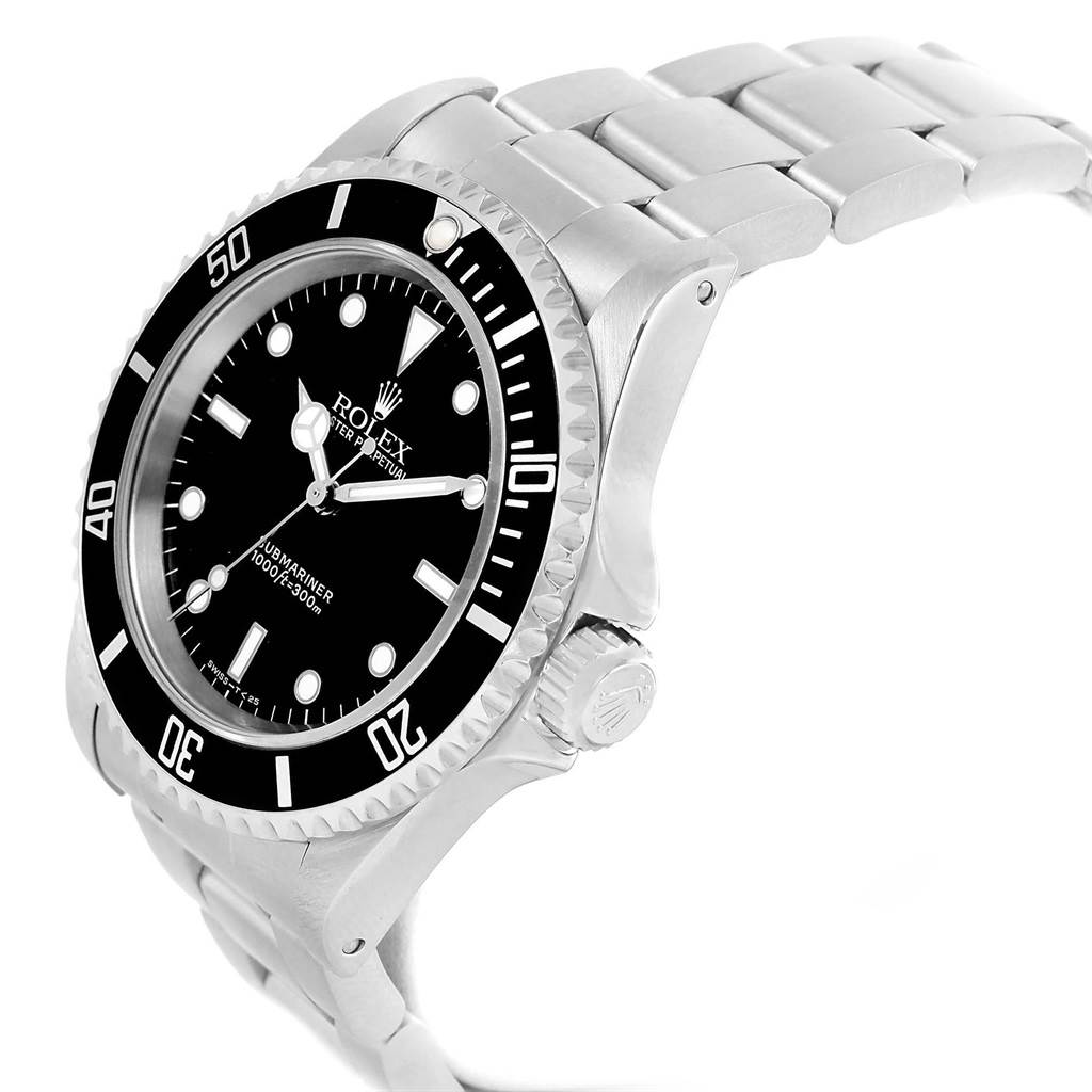 The image shows the Rolex Submariner 14060 Men's Stainless Steel Black Dial 14060 Men's Stainless Steel Black Dial watch at an angled side view, highlighting its dial, bezel, crown, and bracelet.