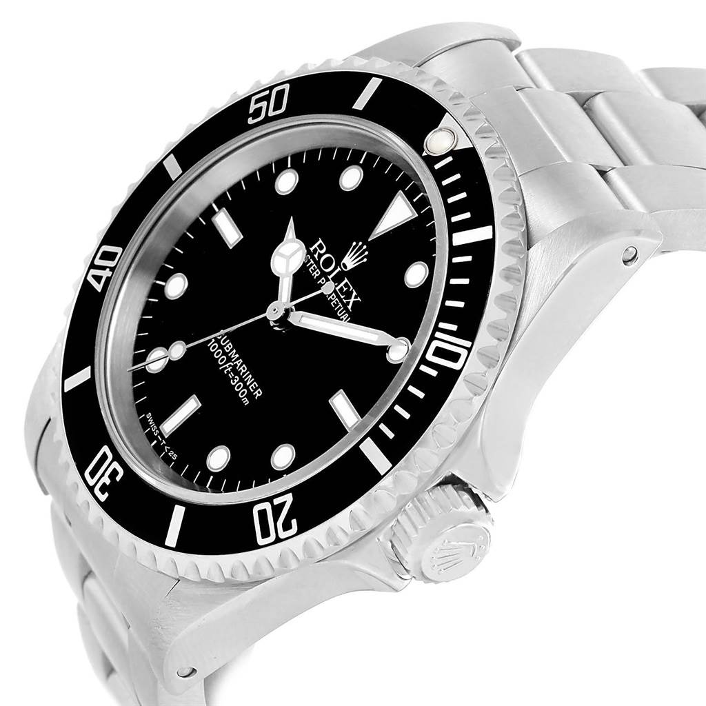 The image shows a side angle of the Rolex Submariner 14060 Men's Stainless Steel Black Dial 14060 Men's Stainless Steel Black Dial, highlighting its bezel, crown, dial, and part of the bracelet.