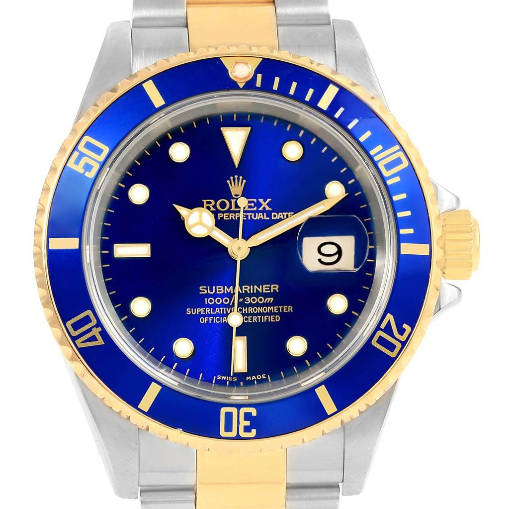 The image shows a front view of a Rolex Submariner 16613 Men's Steel and Gold (two tone) Blue Dial 16613 Men's Steel and Gold (two tone) Blue Dial watch, highlighting its blue dial and bezel, gold accents, and date window.