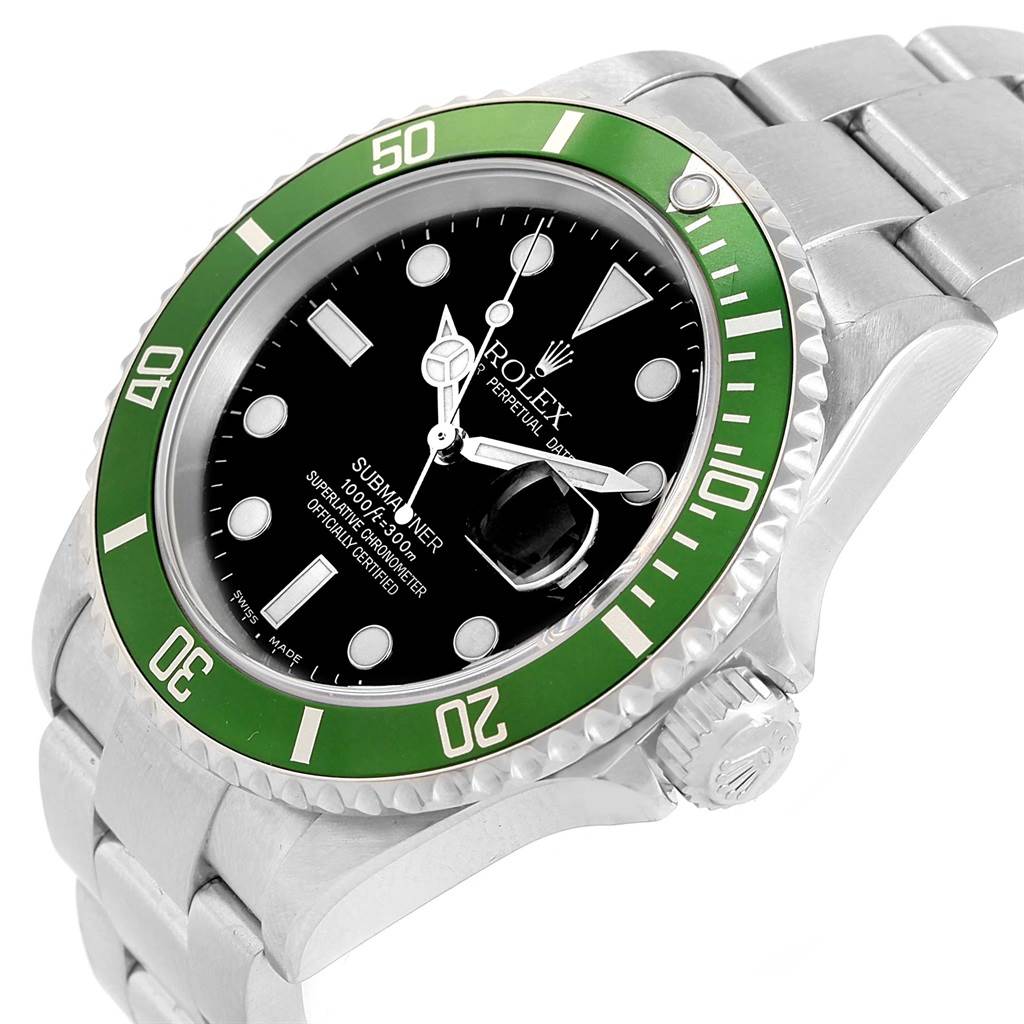The image shows a tilted view of the Rolex Submariner 16610LV Men's Stainless Steel Black Dial 16610LV Men's Stainless Steel Black Dial watch highlighting its face, bezel, crown, and part of the bracelet.