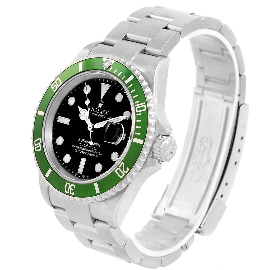 The image shows a Rolex Submariner 16610LV Men's Stainless Steel Black Dial 16610LV Men's Stainless Steel Black Dial watch at a three-quarter angle, highlighting its green bezel, black dial, and stainless steel bracelet.