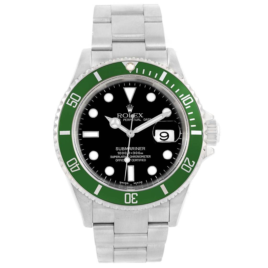This is a front view of the Rolex Submariner 16610LV Men's Stainless Steel Black Dial 16610LV Men's Stainless Steel Black Dial, showcasing its green bezel, black dial, and stainless steel bracelet.