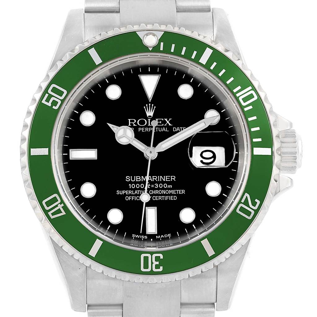 The image shows a frontal view of a Rolex Submariner 16610LV Men's Stainless Steel Black Dial 16610LV Men's Stainless Steel Black Dial watch, displaying the dial, bezel, and part of the bracelet.