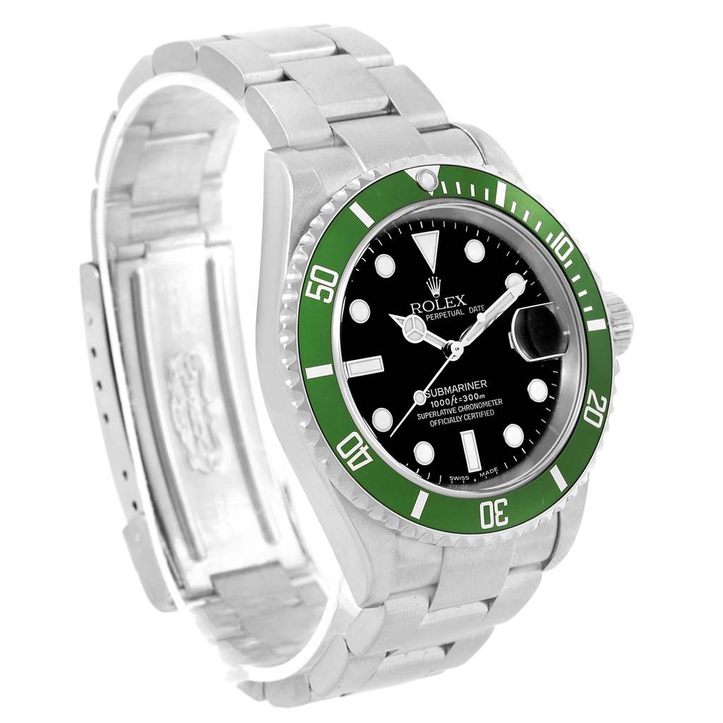 This image shows a side-front angle of a Rolex Submariner 16610LV Men's Stainless Steel Black Dial 16610LV Men's Stainless Steel Black Dial, displaying the face, bezel, crown, and bracelet.
