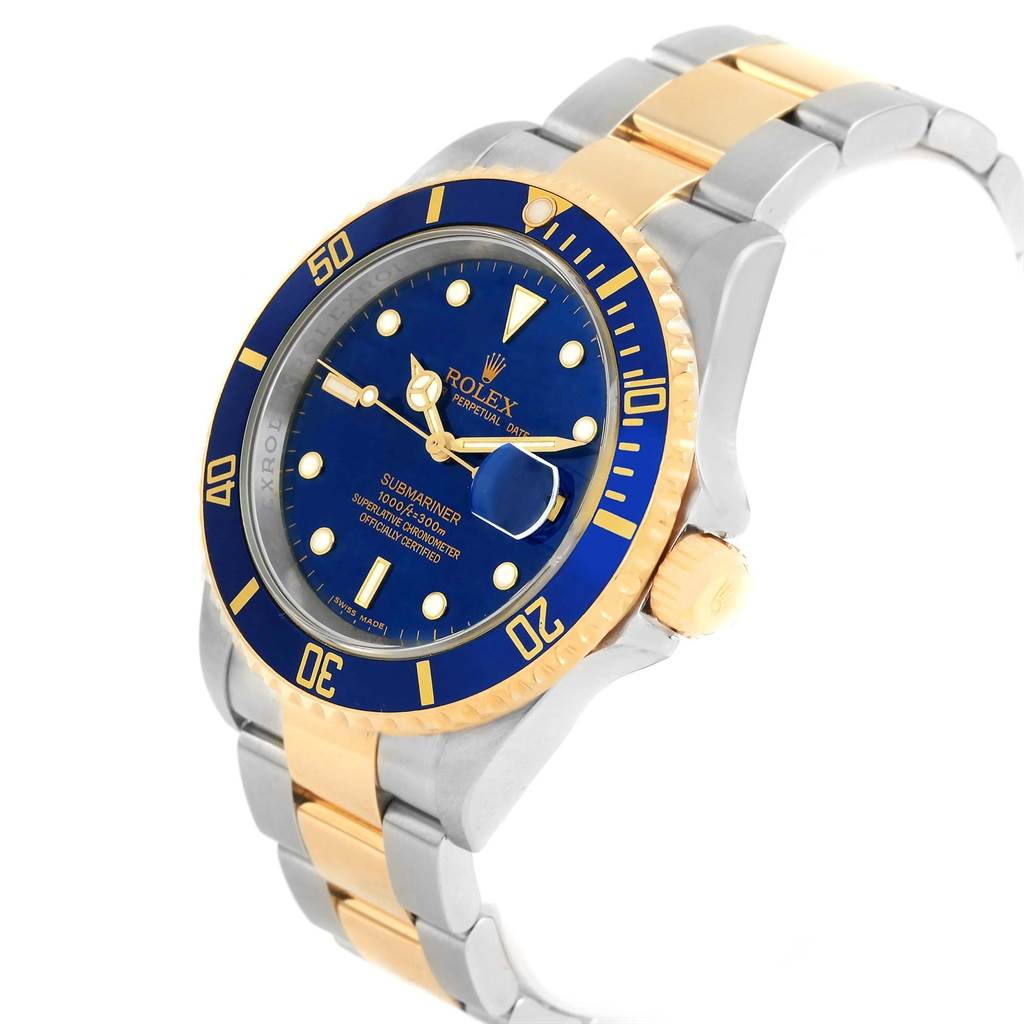 The image shows a side and front angle of a Rolex Submariner 16613 Men's Steel and Gold (two tone) Blue Dial 16613 Men's Steel and Gold (two tone) Blue Dial, highlighting its blue dial, bezel, and two-tone bracelet.