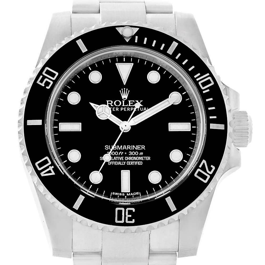 The image shows a front view of the Rolex Submariner 114060 Men's Stainless Steel Black Dial 114060 Men's Stainless Steel Black Dial watch, highlighting its dial, bezel, hands, and part of the bracelet.