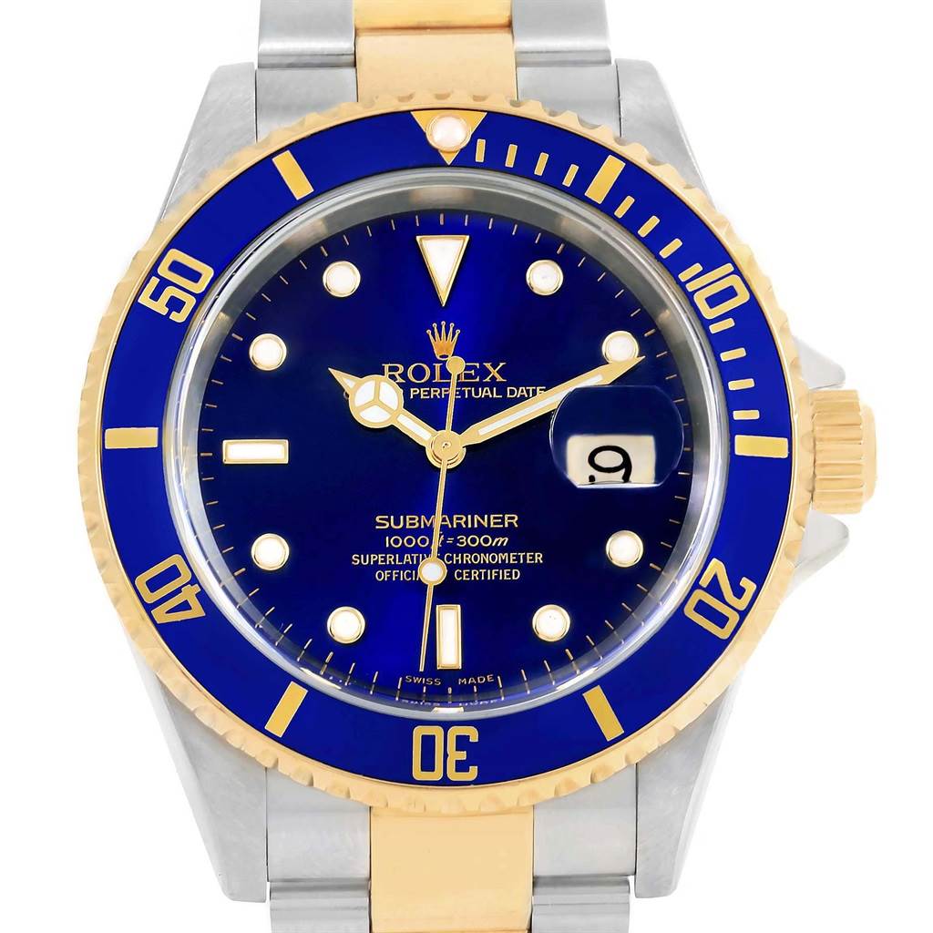 This image shows a Rolex Submariner 16613 Men's Steel and Gold (two tone) Blue Dial 16613 Men's Steel and Gold (two tone) Blue Dial watch from the front, highlighting its blue bezel and dial, gold accents, and date window.