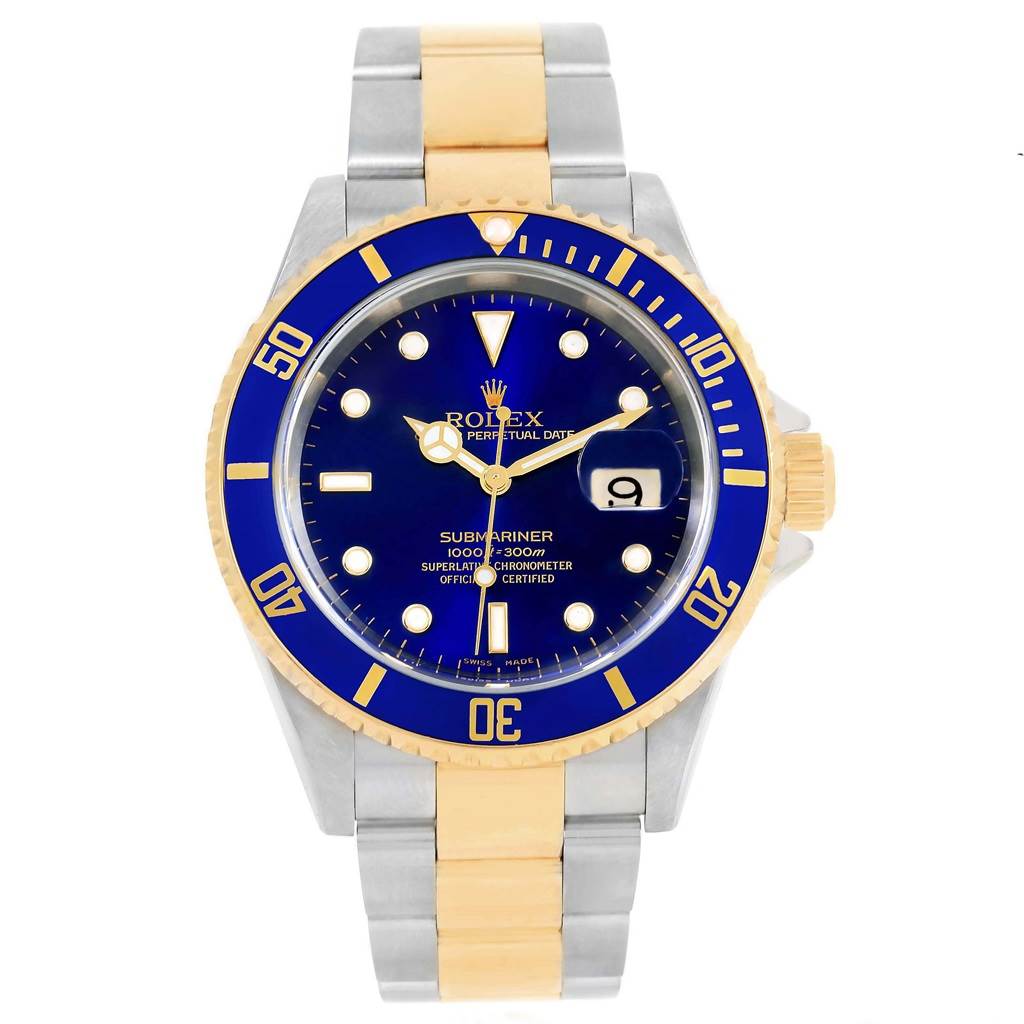The image shows a front view of the Rolex Submariner 16613 Men's Steel and Gold (two tone) Blue Dial 16613 Men's Steel and Gold (two tone) Blue Dial, displaying its blue dial, gold bezel, and two-tone bracelet.