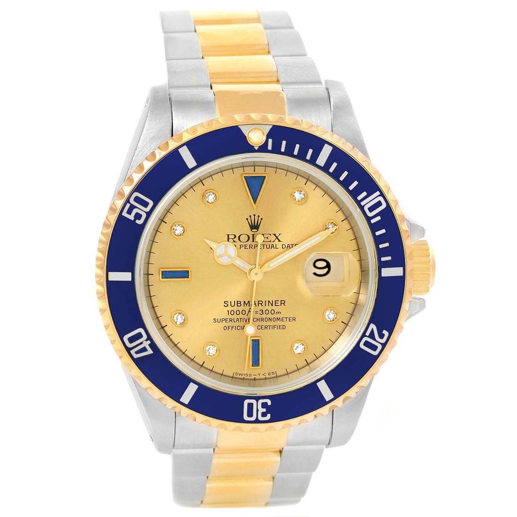 This image shows a front view of a Rolex Submariner 16613 Men's Steel and Gold (two tone) Champagne Dial 16613 Men's Steel and Gold (two tone) Champagne Dial watch, highlighting its gold dial, blue bezel, and two-tone bracelet.