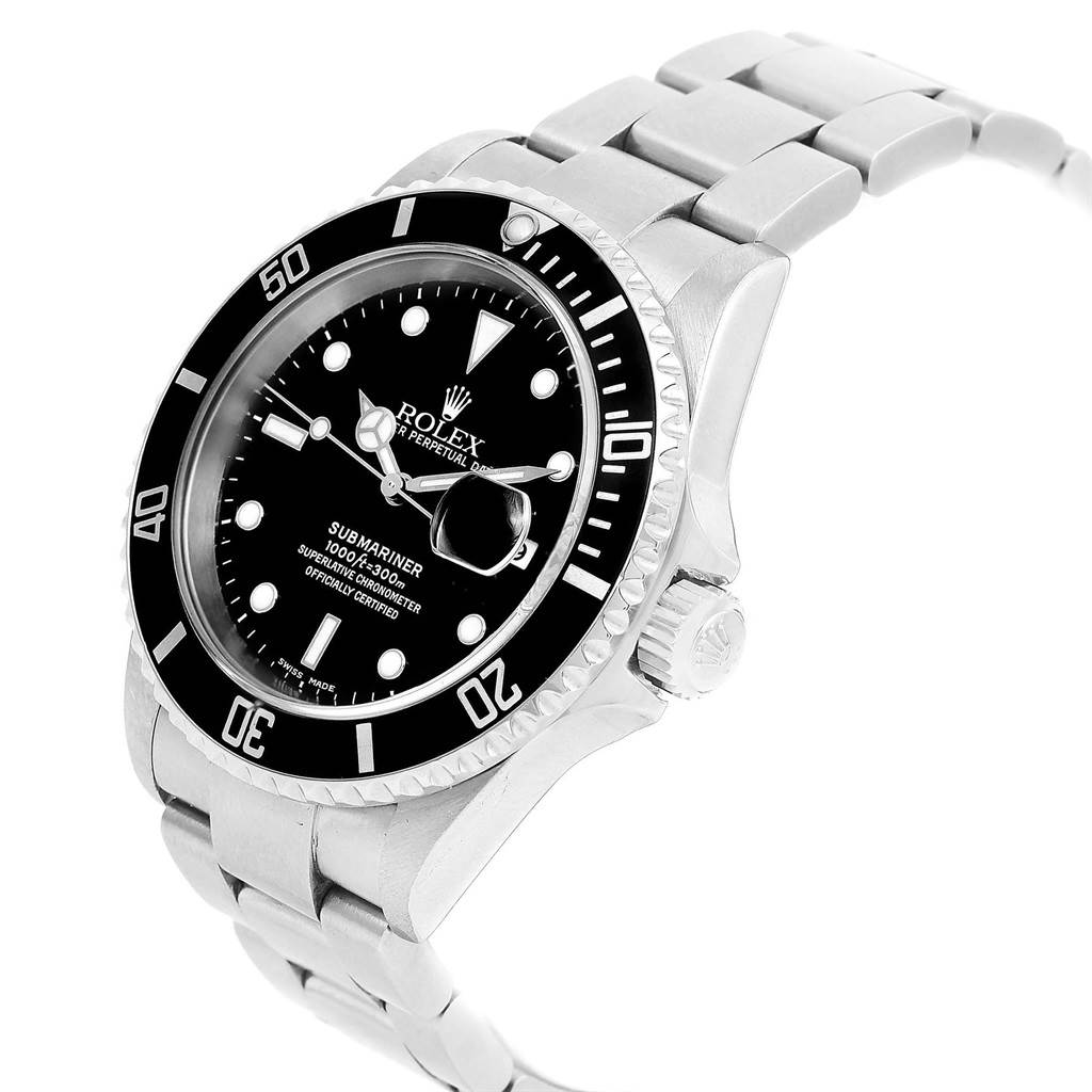 The image shows a Rolex Submariner 16610 Men's Stainless Steel Black Dial 16610 Men's Stainless Steel Black Dial watch at a three-quarter angle highlighting the bracelet, bezel, and face.